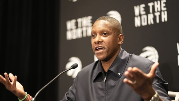 Oct 2, 2023; Toronto, ON, Canada; Toronto Raptors president Masai Ujiri responds to a question during Media Day at the Hilton Toronto.